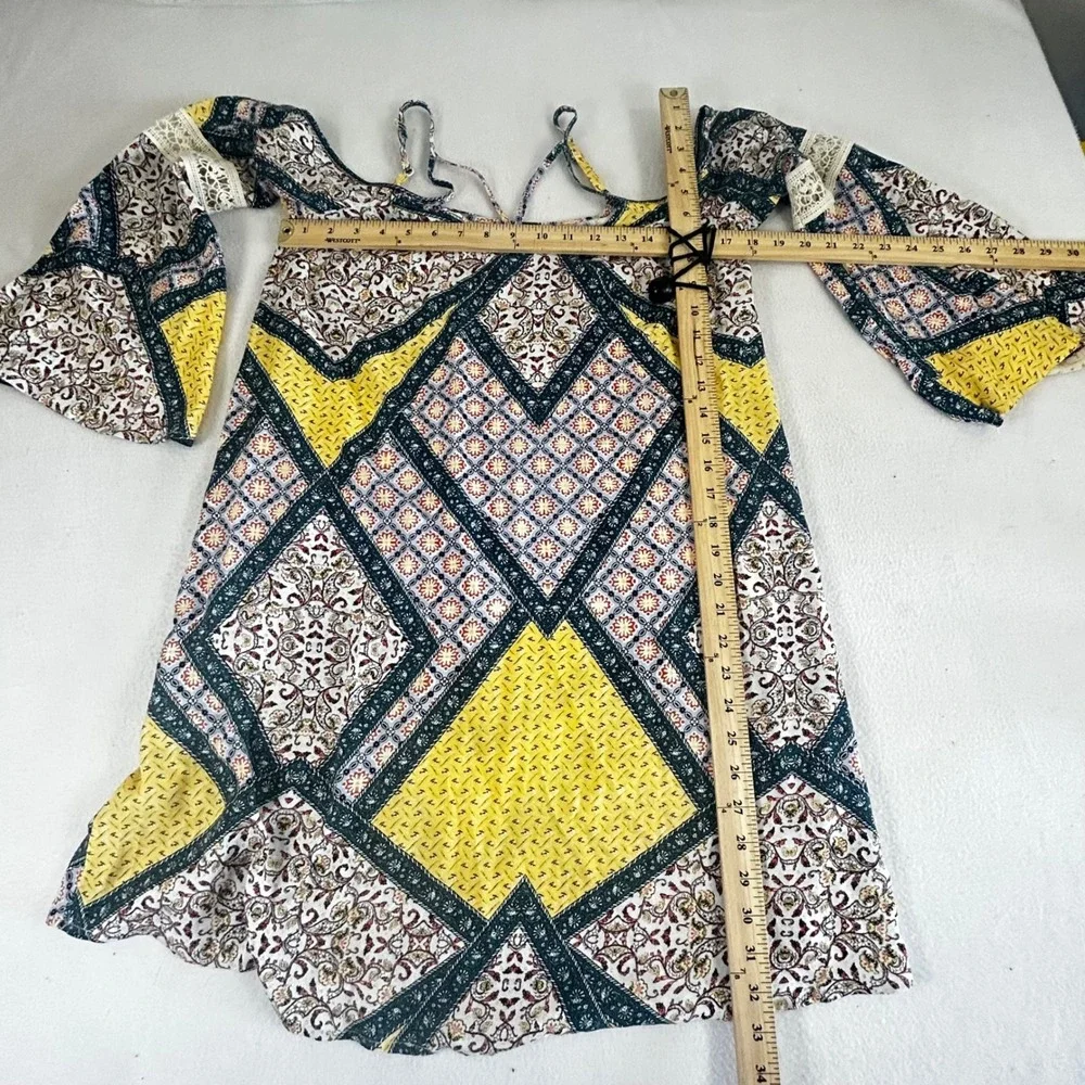 Xhilaration Womens Boho Cold Shoulder Bell Sleeve Patchwork Mini Dress Yellow S - Picture 3 of 11